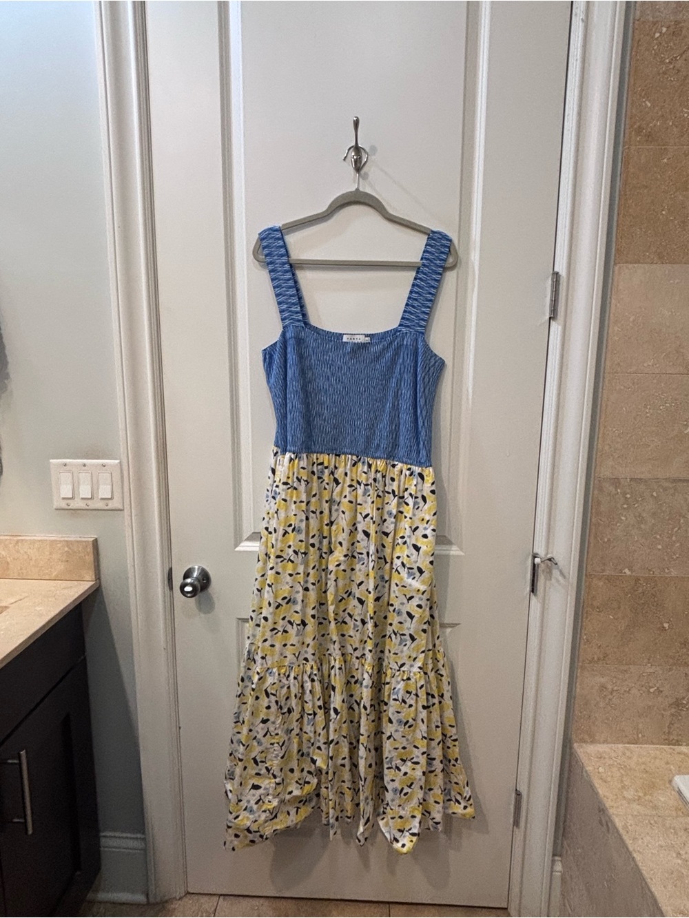 Tanya Taylor Blue Knit Bodice Yellow Floral Tiered Dress